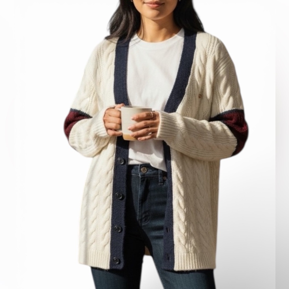 U.S. Polo Assn. Cream‎ Cable Knit Cardigan | Navy Trim & Colorblock Sleeves XS
